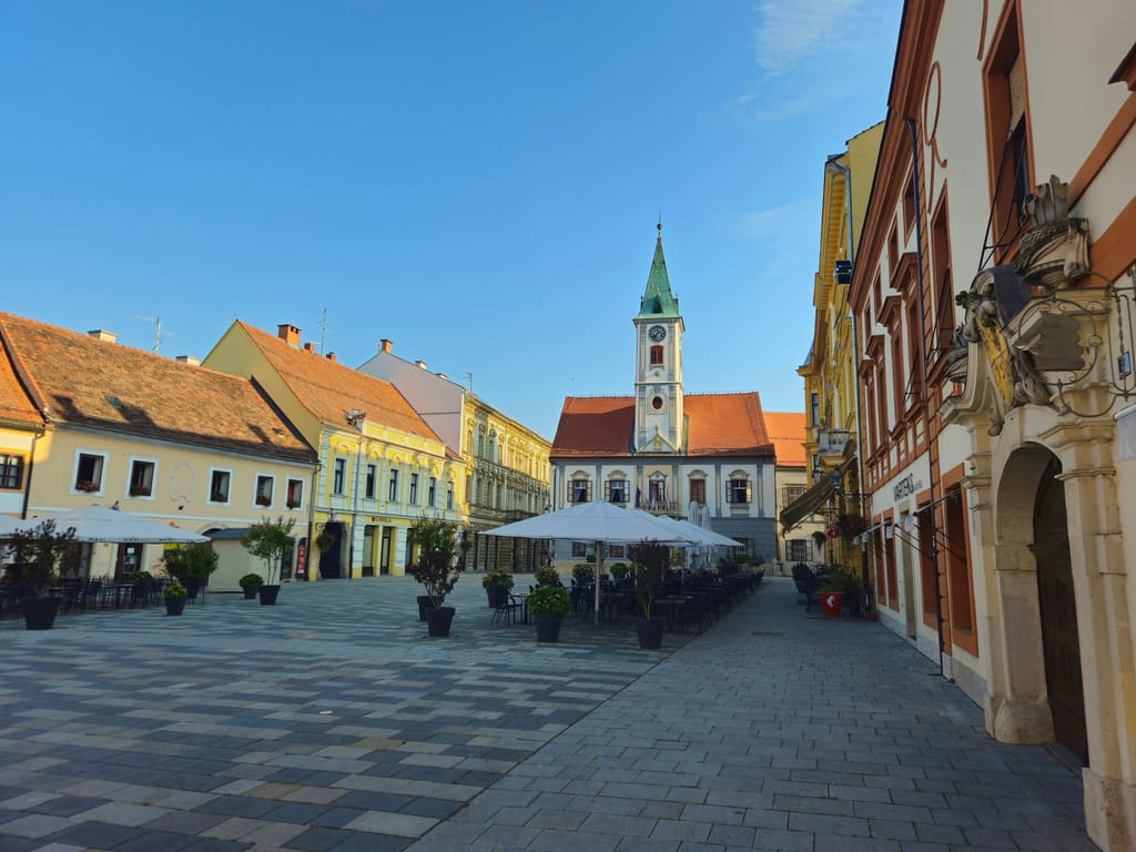 The main square of Varaždin with the town hall tower, in evening light